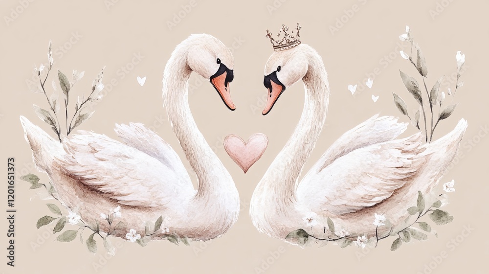 Fototapeta premium Adorable swan trio adorned with a dainty heart and regal crown, creating a charming and whimsical design. 