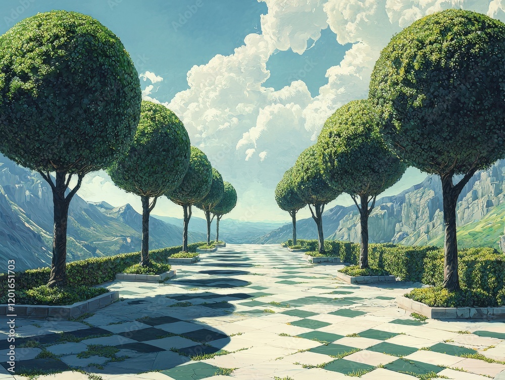 A checkered pathway lined with perfectly round trees leads to a breathtaking mountain vista. Ideal for fantasy, puzzle, or adventure game backgrounds.