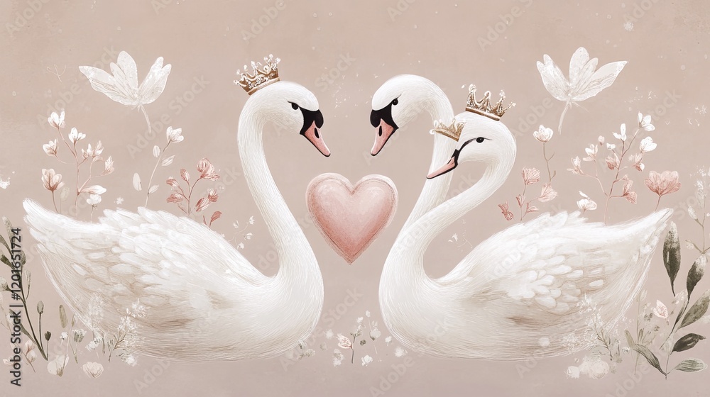 Fototapeta premium Adorable swan trio adorned with a dainty heart and regal crown, creating a charming and whimsical design. 