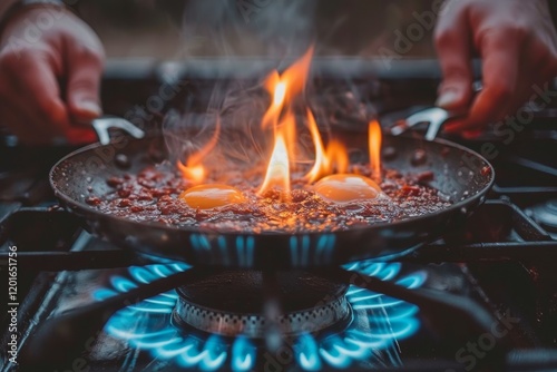 Close up of hands cracking an egg into a frying pan on a modern stove, showcasing cooking action