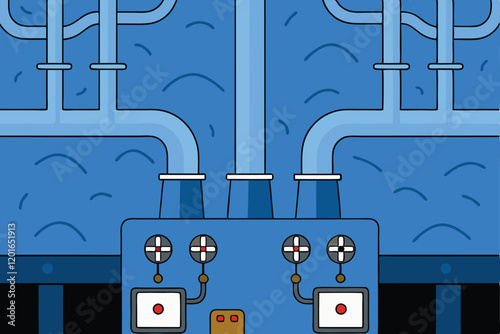 A detailed vector illustration of a modern power plant featuring large turbines, intricate piping systems, and a sprawling industrial landscape.
