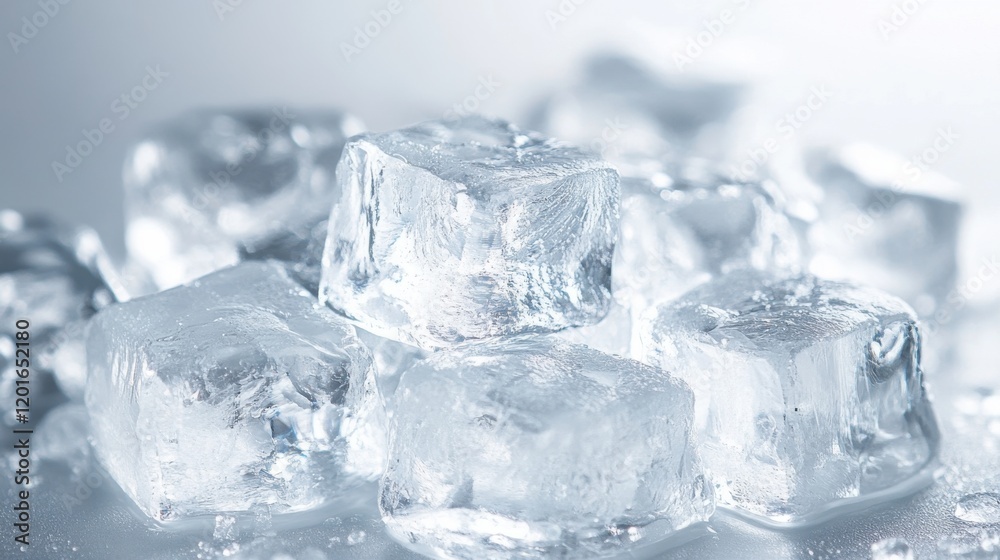 Clear ice cubes stacked on a reflective surface with soft lighting, creating a cool and refreshing ambiance in a minimalist setting Clear ice cubes stacked on a reflective surface with soft lighting, creating a cool and refreshing ambiance in a minimalist setting
