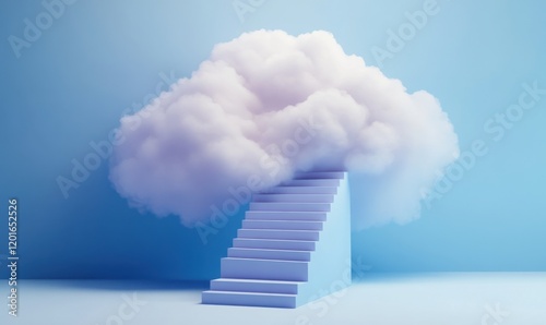 Soft cloud floating above pastel blue stairs leading to an abstract dreamlike space in a minimalistic setting