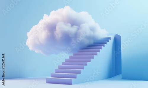 Stairway leading to a fluffy cloud in a serene blue environment, evoking a sense of tranquility and imagination, designed for artistic expression and creativity