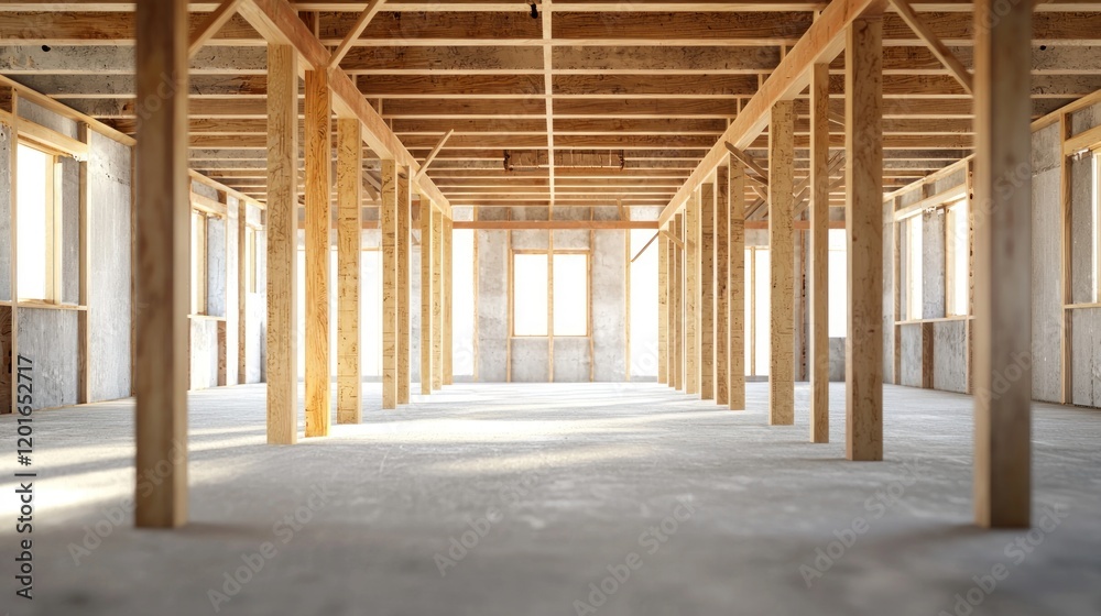 Interior of a Building Under Construction: Wooden Frame Structure Interior of a Building Under Construction: Wooden Frame Structure