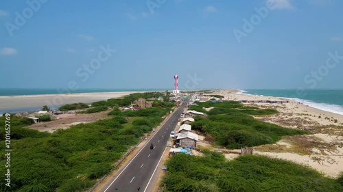 Aerial drone shot capturing the serene beauty of Dhanushkodi, with its historical remnants and vast ocean views.