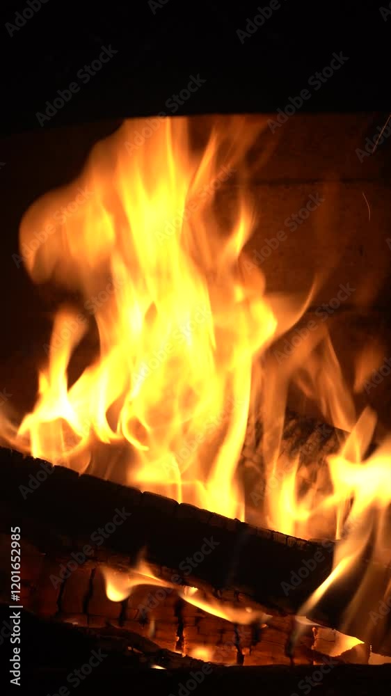 Cozy relaxing fireplace. Fireplace clip with medium flame. Christmas holiday concept. Meditation video. Fire burning in fireplace. 4K. Vertical video. Cozy relaxing fireplace. Fireplace clip with medium flame. Christmas holiday concept. Meditation video. Fire burning in fireplace. 4K. Vertical video.