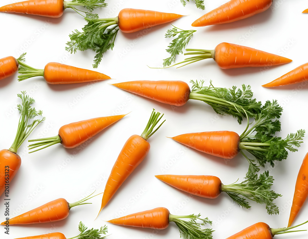 Fresh bright orange carrots with a little green leaf at the end, placed diagonally on a plain white background,
Fresh bright orange carrots with a little green leaf at the end, placed diagonally on a plain white background,