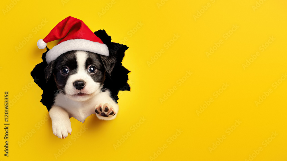 Endearing puppy in Santa hat in vibrant yellow scene. Endearing puppy in Santa hat in vibrant yellow scene.
