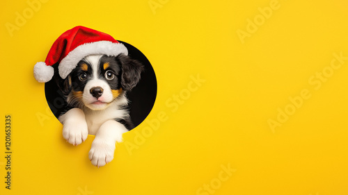 Fluffy puppy with Santa hat looks out with big eyes.