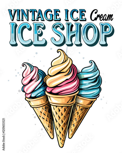 Design a vintage poster for an ice cream shop showcasing various ice cream flavors in a whimsical and colorful style.