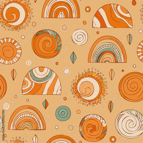 The image is a seamless pattern with a beige background. It features multiple orange and white swirls and circles arranged in a repeating pattern.