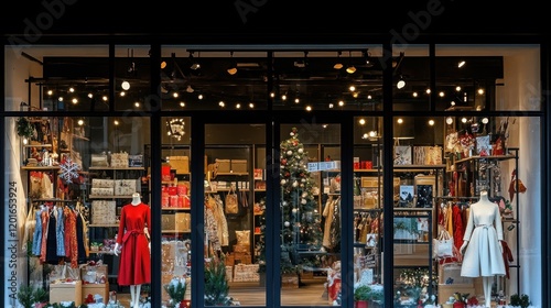 Christmas-themed storefront display with clothing and holiday decorations. photo