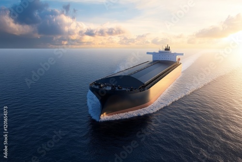 A sizable cargo vessel sails smoothly across the water at sunset, leaving gentle ripples in its wake. photo