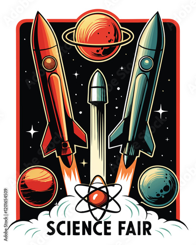A retro, brightly colored science fair poster with a rocket launching towards a vibrant galaxy filled with planets.