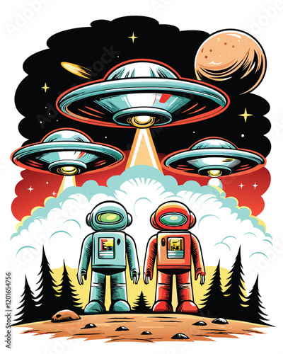 Design a vintage science fiction movie poster with a spaceship flying through a retro-futuristic cityscape, with glowing neon lights and a dramatic, stylized .