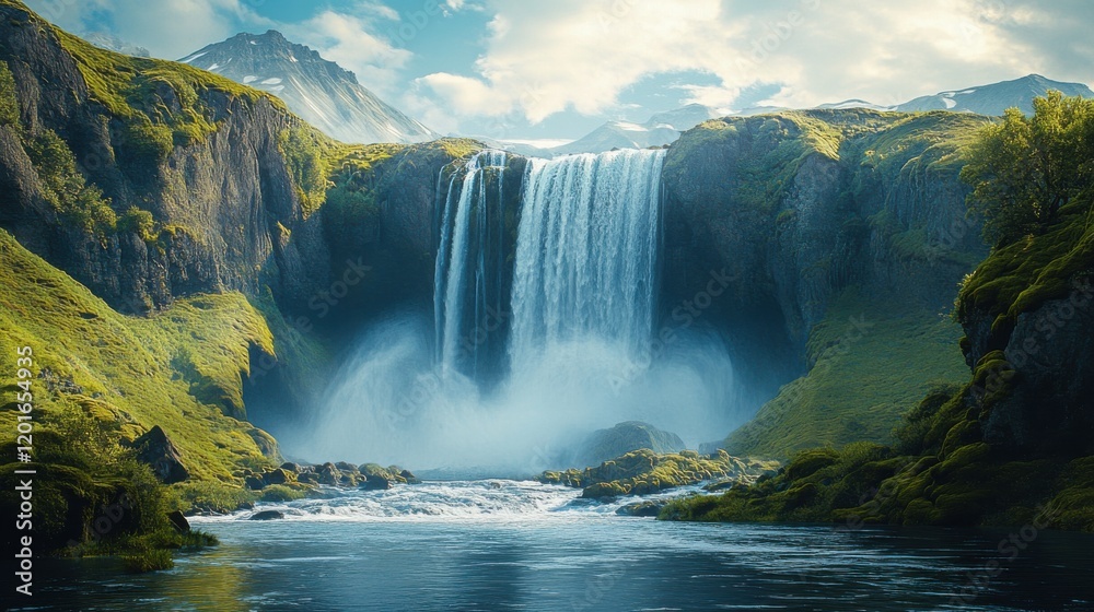 Fototapeta premium Majestic waterfall cascading over rocky cliffs surrounded by lush greenery in a serene natural landscape under a blue sky