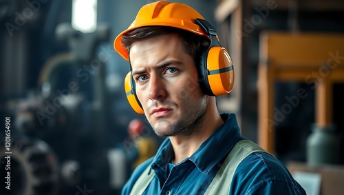 Worker Wearing Earmuffs in a Noisy Environment photo