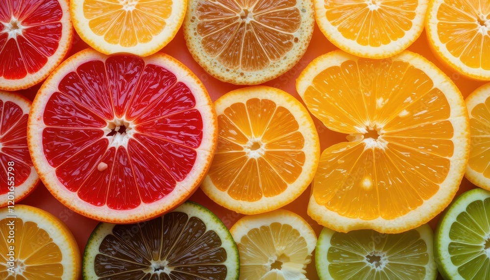 Fototapeta premium Sliced citrus fruits arranged in a color gradient
