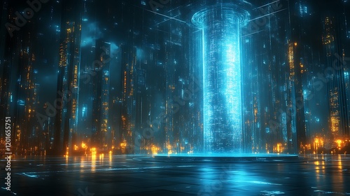 Futuristic Cityscape with Glowing Digital Tower