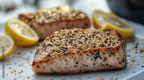 Freshly cooked sesame crusted salmon garnished with lemon slices on a white plate served outdoors during golden hour