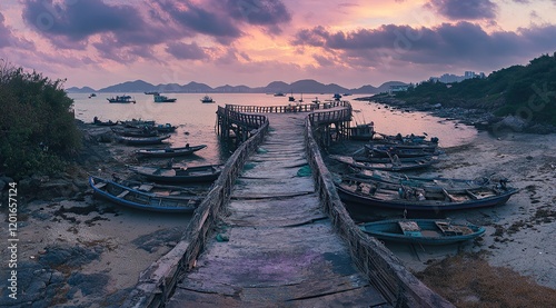 A bridge over the beach with fishing boats and scattered equipment photo