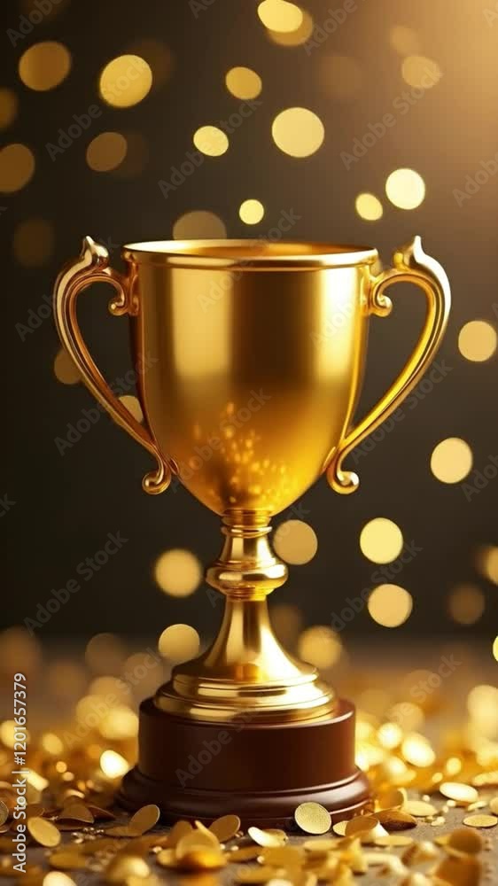 Gold winners cup with gold confetti around on festive background, concept of winning, sports gold trophy, victory, win, success Gold winners cup with gold confetti around on festive background, concept of winning, sports gold trophy, victory, win, success