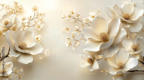 wallpaper 3D cream and champagne magnolias with waxy, smooth petals on an ivory gradient background