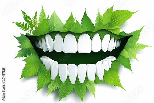 A green leafy plant is growing out of a person's mouth