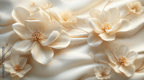 wallpaper 3D cream and champagne magnolias with waxy, smooth petals on an ivory gradient background