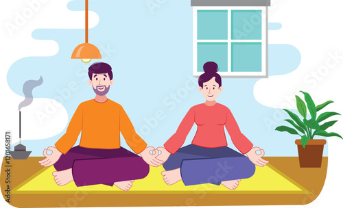 Couple Yoga Training Illustration with Meditation at Home A couple practicing yoga poses in a serene home environment, surrounded by plants and calming decor.