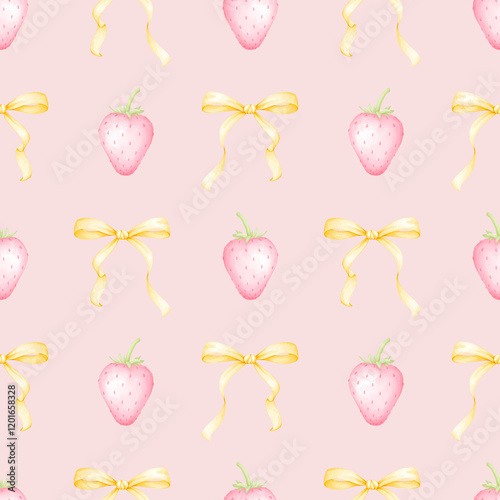 strawberry, bow. Watercolor seamless pattern in pastel colors for textile and wrapping paper. Cute illustration of food and festive ribbons for mother's day, valentine's day, birthday