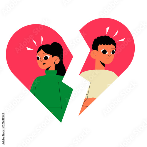 Broken Heart With Male And Female Characters In Flat Vector Illustration Symbolizing Heartbreak, Separation, And Emotional Distress, Isolated On White Background