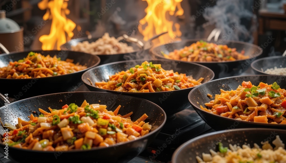 Obraz premium Vibrant stir-fry dishes in woks with flames in the background