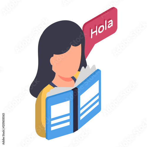 Hello in Spanish isometric vector icon, International Language Day symbol, Translation Services sign, Plurilingualism and Multilingualism illustration, Spanish Instructor Reading the book concept