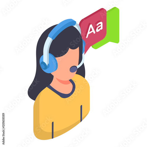 Answerable Line Manager isometric vector icon, International Day Language symbol, Translation Service sign Plurilingualism and Multilingualism illustration Multilingual Female Staff translator concept