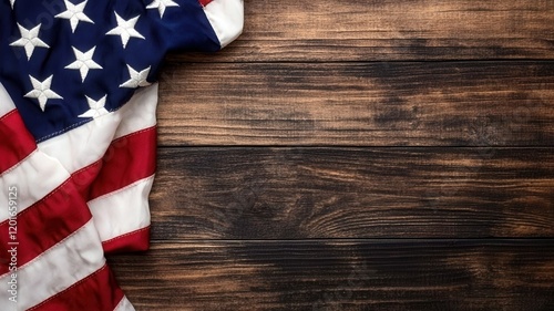 An American flag drapes over a rustic wooden surface, creating a classic patriotic scene.