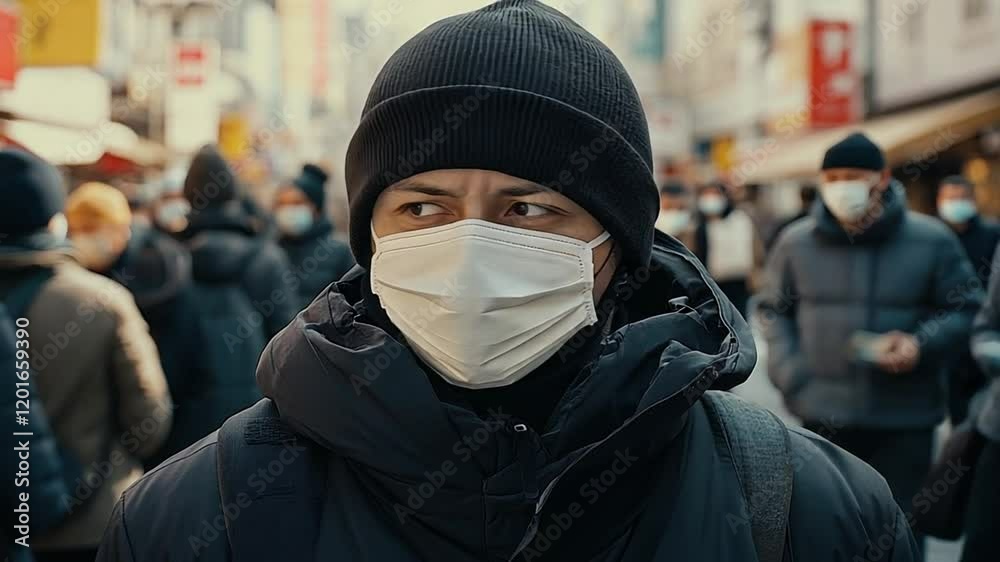 Man in Black Hat and Mask Walks Through City Street Man in Black Hat and Mask Walks Through City Street