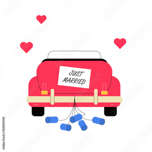 Red Car With Just Married Sign In Flat Vector Illustration Symbolizing Weddings, Happiness, And Love, Isolated On White Background