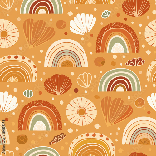 A seamless pattern with a beige background. It features multiple orange and white swirls and circles arranged in a repeating pattern. The swirls are of different sizes and shapes