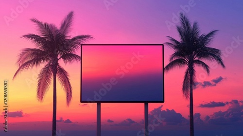 A vibrant sunset scene with palm trees framing a blank billboard against a colorful sky, evoking a sense of tranquility and possibility.