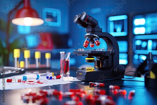 Forensic microscope with highlighted details of evidence, against a subtly blurred crime scene imagery