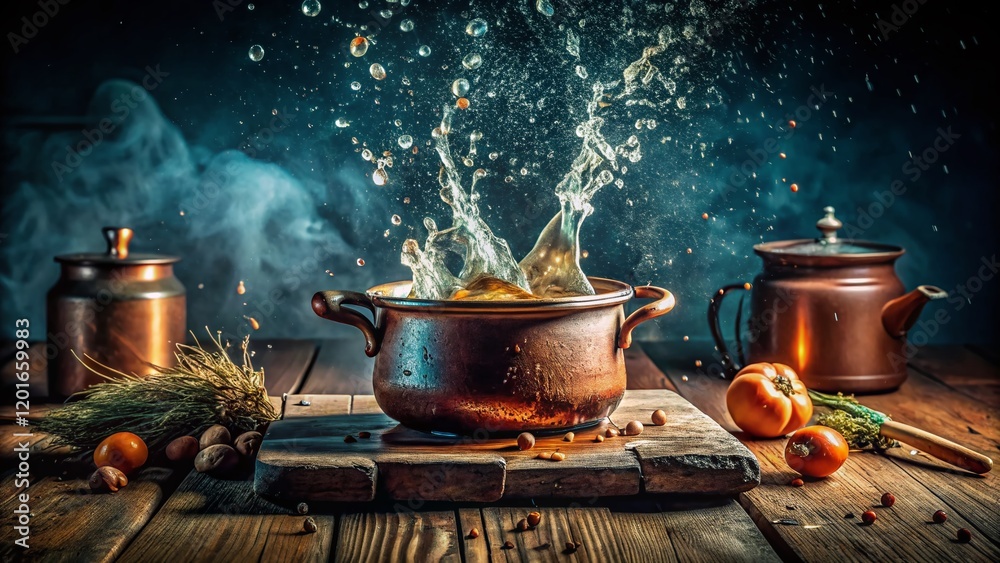 Fototapeta premium Vintage Kitchen Scene: Boiling Water Splash in Rustic Pot, Dark Background Stock Photo