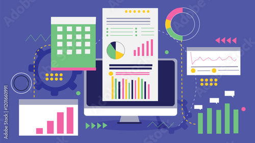 Website Design Web Concept with Data and Analytics Reports and Graphs Illustration A dashboard interface with charts, analytics, and data-driven insights on a laptop.