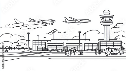 Airport scene with planes, people, and vehicles for transport or travel related designs photo