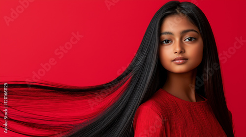A beautiful young teen girl with flawless features and long silky hair, showcasing a unique blend of Indian and Japanese heritage. Her delicate facial features reflect a harmonious mix of both culture photo