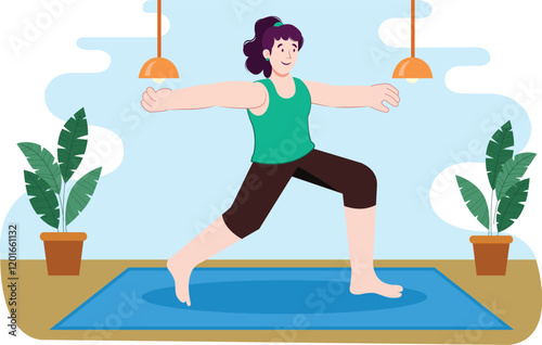 Yoga Training Illustration for Fitness and Health A person practicing yoga in a peaceful outdoor setting, surrounded by greenery and fitness gear.