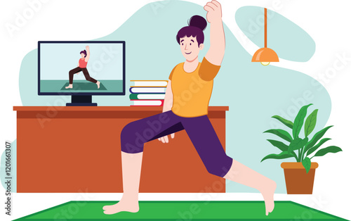 Yoga Training Illustration with TV Workout Session at Home A cozy home setting where a person follows a yoga session on TV, with mats and fitness props.