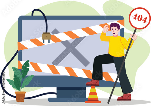 404 Error Page Not Found Illustration Web Design Connection Issue Fix A webpage displaying a large "404" with a broken link icon, accompanied by a technician fixing a connection cable or repairing a s