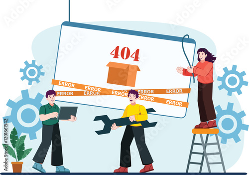 404 Error Page Not Found Illustration Web Design Error Fix Concept A broken webpage design with "404" prominently displayed, featuring tools like a wrench and screwdriver symbolizing the process of fi